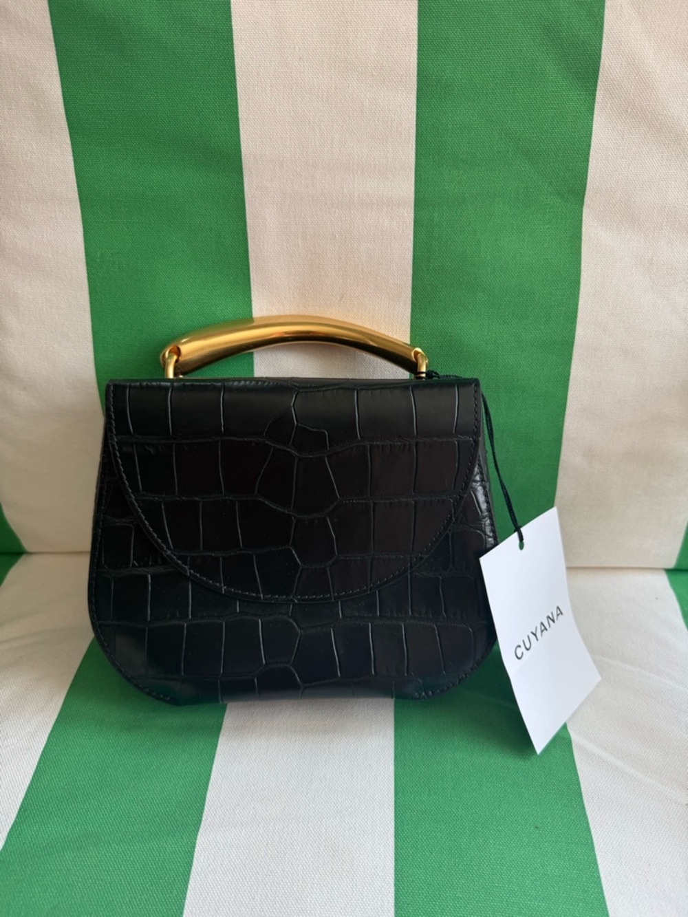 Cuyana Black Croc-Embossed Top Handle Bag with Gold Accent